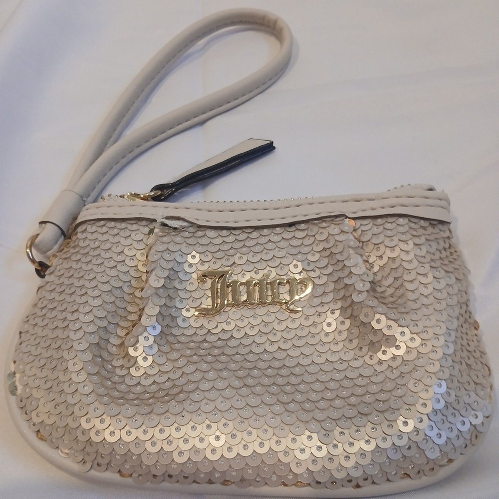 Juicy Couture‎ Y2K Sequin Wristlet Bag Off White Logo Glam Mini Purse Bling - Picture 9 of 15